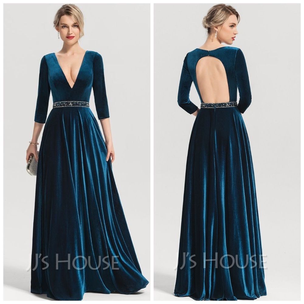JJ's House V-neck Maxi Floor-Length Blue Velvet Evening Dress Beading Sequins